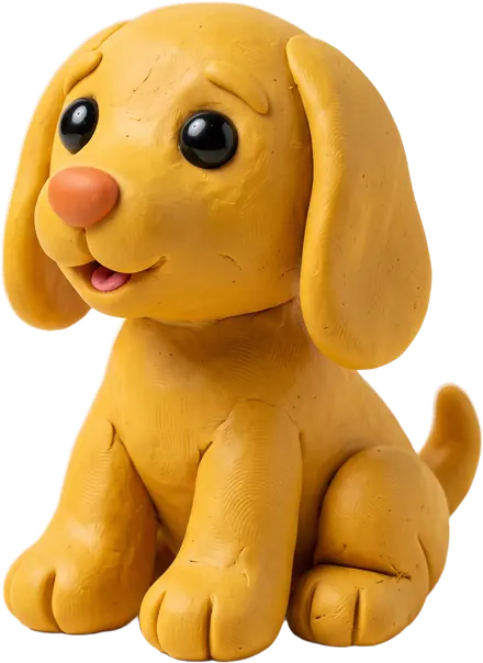 A yellow clay puppy sitting up, ready to be dropped into the scene.