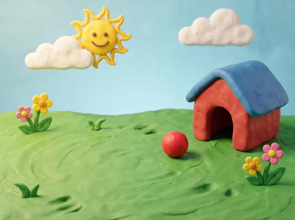 A clay backyard scene: green modelling-clay grass, a red dog house with a blue roof, a smiling sun and soft white clouds.