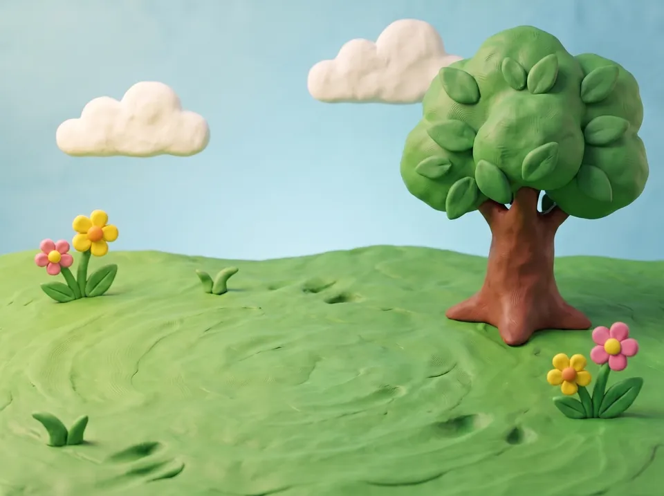 A clay orchard scene: green modelling-clay grass, a leafy apple tree, little yellow and pink flowers and soft white clouds.